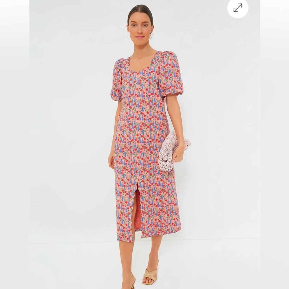 Tuckernuck Pink Floral Midi Dress with Blue & Red Accents